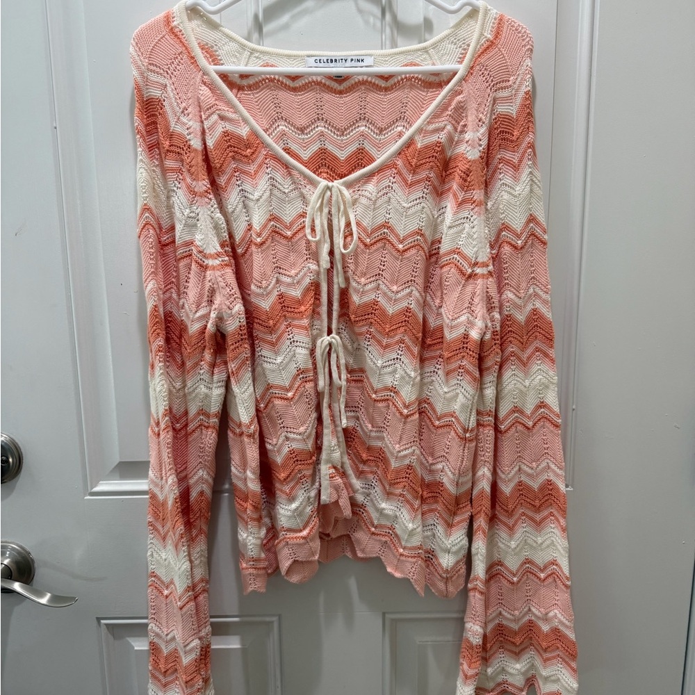 Celebrity Pink Chevron Knit Top in Coral and Ivory